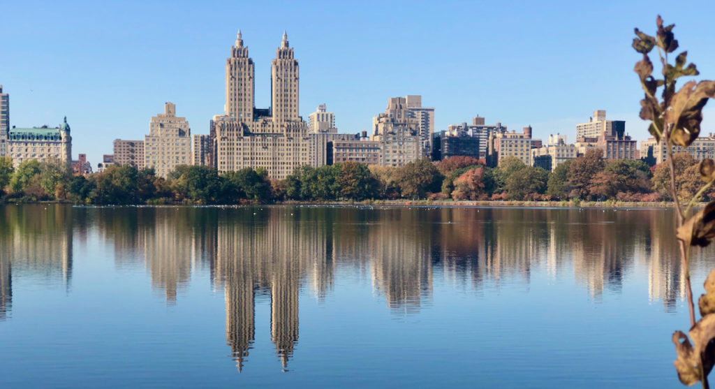 picture of buildings reflecting in central park lake